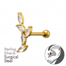 Leaf Sterling Silver Gold Plated Tragus, Helix, Upper Ear Piercing with 5x 2X4 Marquise Cubic Zirconia on 1.2x8mm (16G) 316 Surgical Steel Gold Plated Threaded Barbell with 3mm Plain Ball