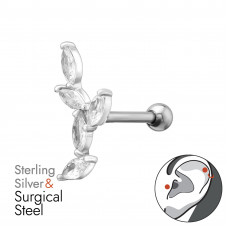 Leaf Sterling Silver Tragus, Helix, Upper Ear Piercing with 5x 2X4 Marquise Cubic Zirconia on 1.2x8mm (16G) 316 Surgical Steel Threaded Barbell with 3mm Plain Ball