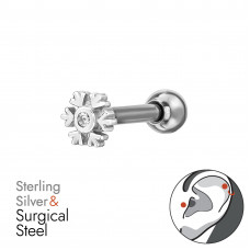 Snowflake Sterling Silver Tragus, Helix, Upper Ear Piercing with Cubic Zirconia on 1.2x6mm (16G) 316 Surgical Steel Threaded Barbell with 3mm Plain Ball