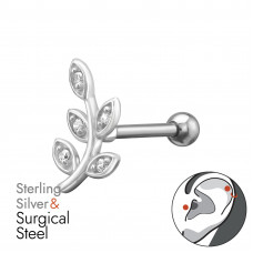 Leaf Branch Sterling Silver Tragus, Helix, Upper Ear Piercing with 5x Cubic Zirconia on 1.2x8mm (16G) 316 Surgical Steel Threaded Barbell with 3mm Plain Ball