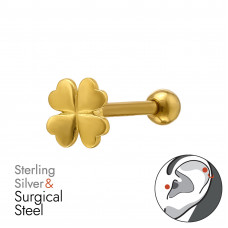 6mm Clover Sterling Silver Gold Plated Tragus, Helix, Upper Ear Piercing on 1.2x8mm (16G) 316 Surgical Steel Gold Plated Threaded Barbell with 3mm Plain Ball