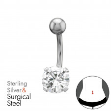 8mm Round Cubic Zirconia Sterling Silver Belly Button Piercing on 1.6x10mm (14G) 316 Surgical Steel Threaded Barbell with 5mm Plain Ball
