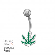 10mm Epoxy Cannabis Leaf Sterling Silver Belly Button Piercing on 1.6x10mm (14G) 316 Surgical Steel Threaded Barbell with 5mm Plain Ball
