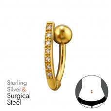 Bar Belly Button Piercing Sterling Silver Gold Plated with 7x Cubic Zirconia on 1.6x10mm (14G) 316 Surgical Steel Gold Color Threaded Barbell with 5mm Plain Ball