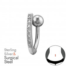 Bar Belly Button Piercing Sterling Silver with 7x Cubic Zirconia on 1.6x10mm (14G) 316 Surgical Steel Threaded Barbell with 5mm Plain Ball