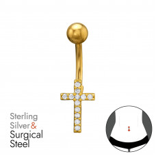 Cross Sterling Silver Gold Plated Belly Button Piercing with 12x Cubic Zirconia on 1.6x10mm (14G) 316 Surgical Steel Gold Color Threaded Barbell with 5mm Plain Ball