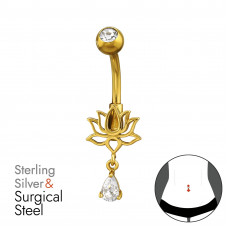 Lotus Sterling Silver Gold Plated Belly Button Piercing with Dangling White Cubic Zirconia on 1.6*x10mm (14G) 316 Surgical Steel Gold Color Threaded Barbell with 5mm Ball with Crystal