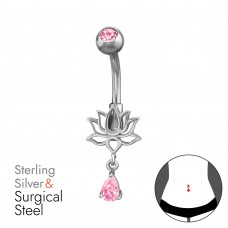 Lotus Sterling Silver Belly Button Piercing with Dangling Cubic Zirconia on 1.6x10mm (14G) 316 Surgical Steel Threaded Barbell with 5mm Ball with Crystal