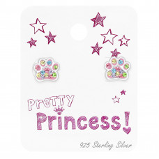 9mm Paw Print Sterling Silver Children's Ear Studs with Crystal on Princess Card