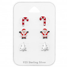 Silver Christmas Ear Studs Set with Crystal and Epoxy on Card
