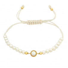 Silver Round Adjustable Corded Bracelet with Imitation Pearl and Synthetic Opal