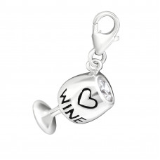 Wine Glass Sterling Silver Clip on Charm with Cubic Zirconia and Epoxy