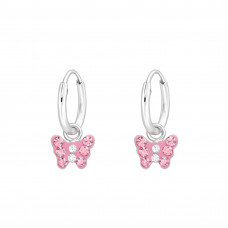 Children's Silver Ear Hoops with Hanging Butterfly and Crystal
