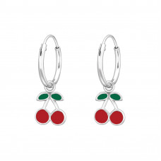 Children's Silver Ear Hoops with Hanging Cherry with Epoxy