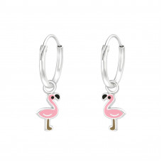Children's Silver Ear Hoops with Hanging Flamingo and Epoxy