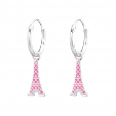 Children's Silver Ear Hoops with Hanging Eiffel Tower and Epoxy