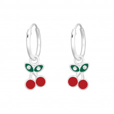 Children's Silver Hoops with Hanging Epoxy Cherry and Crystal