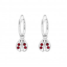 Children's Silver Hoops with Hanging Ladybug Epoxy and Crystal