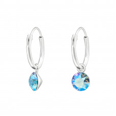 Silver Ear Hoops with Hanging Round Crystal