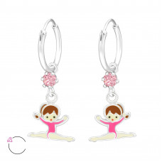 Children's Silver Ear Hoop with Hanging Epoxy Gymnast and Genuine European Crystals
