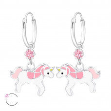 Children's Silver Ear Hoop with Hanging Epoxy Unicorn and Genuine European Crystals