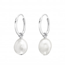 Silver Ear Hoops with Hanging Imitation Pearl