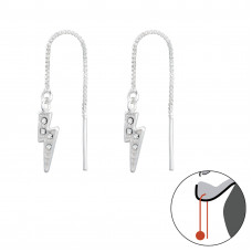 Silver Thread Through Lightning Bolt Earrings with Crystal