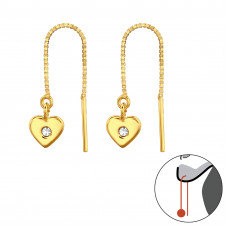 Silver Thread Through Heart Earrings with Crystal