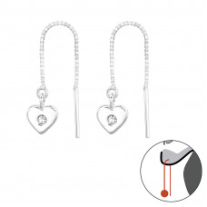 Silver Thread Through Heart Earrings with Crystal
