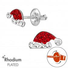 Christmas Hat Children's Sterling Silver Screw Back Ear Studs with Crystal