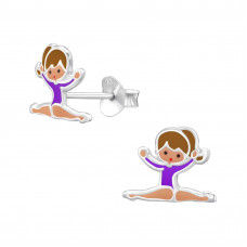 10mm Gymnastics Girl Children's Sterling Silver Ear Studs with Purple, Red, Brown and Black Epoxy