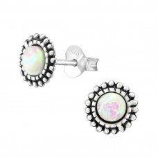 Round 7mm Sterling Silver Oxidized Ear Studs with Imitation Opal