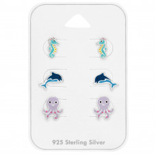 Dolphin, Octopus and Seahorse Children's Sterling Silver Set and Jewelry on Card with Epoxy