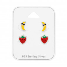 Banana and Strawberry Children's Sterling Silver Ear Studs Set on Card with Epoxy