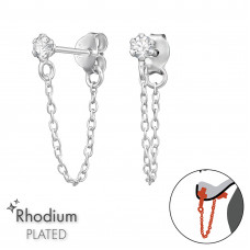 3mm Round with 3cm Hanging Chain Sterling Silver Rhodium Plated Ear Jacket and Connector Earrings with Cubic Zirconia