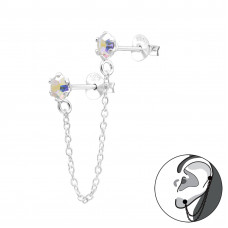 Silver Round Ear Jacket with Hanging Chain and Crystal