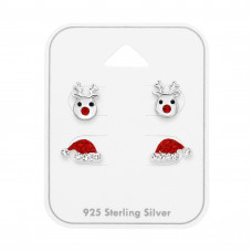 Reindeer and Santa Hat Children's Sterling Silver Ear Studs Set on Card with Crystal and Epoxy