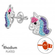 Unicorn Children's Sterling Silver Screw Back Ear Studs with Crystal