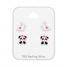Rabbit and Panda Children's Sterling Silver Ear Studs Set on Card with Crystal and Epoxy