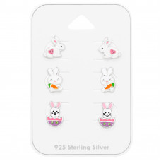 Children's Silver Easter Bunny Ear Studs Set on Card with Crystal and Epoxy