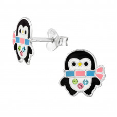 Penguin with Colorful Scarf Children's Sterling Silver Ear Studs with Crystal and Epoxy