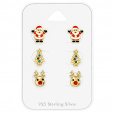 Christmas Children's Sterling Silver Set and Jewelry on Card with Crystal and Epoxy