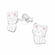 Cat Children's Sterling Silver Ear Studs with White and Pink Epoxy