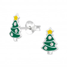 10mm Children's Silver Christmas Tree Ear Studs with 6x Crystal and Green and Yellow Epoxy