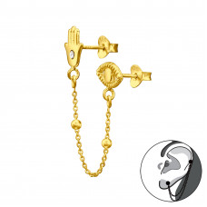 Silver Hamsa and Evil Eye Ear Jacket with Hanging Chain and Crystal