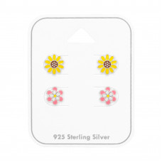 Sunflower and Daisy Flower Children's Sterling Silver Ear Studs Set on Card with Epoxy
