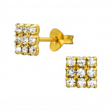 6.2mm Square Sterling Silver Gold Plated Ear Studs with 18x Crystal
