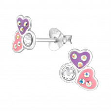 8mm Double Heart Children's Sterling Silver Ear Studs with 14x Crystal and Purple & Pink Epoxy
