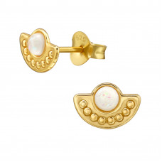 Ethnic Motif Sterling Silver Ear Studs with Imitation Opal 
