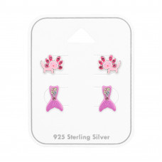 Axolotl and Mermaid Tail Children's Sterling Silver Ear Studs Set on Card with 24x Crystal and Epoxy